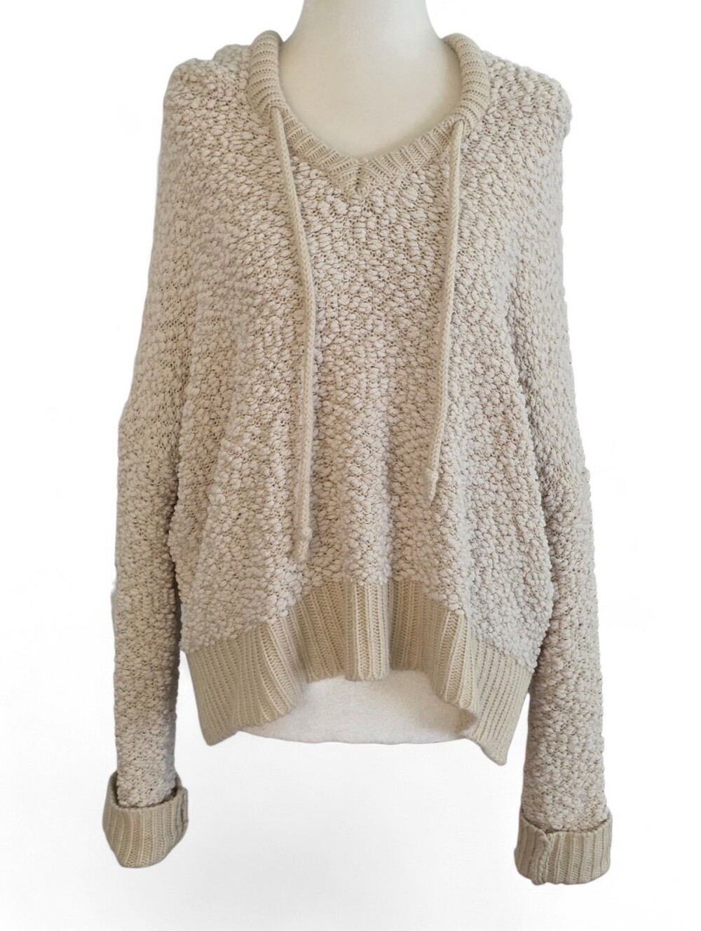 POL Long Sleeve Hooded Textured Knit Sweater Cream